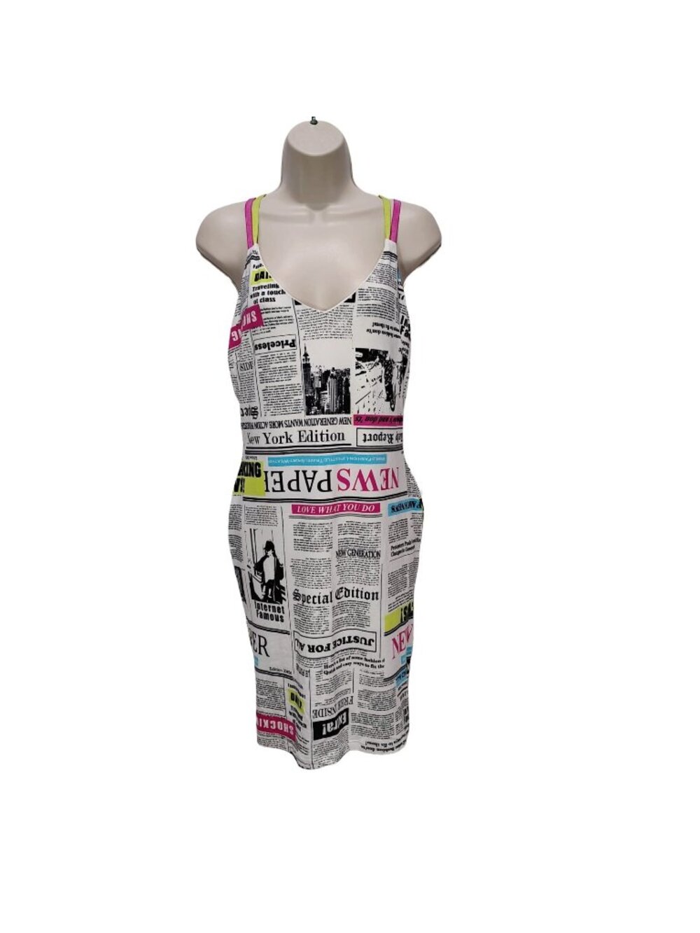 Almost Famous Dress Womens Extra Larger White Bodycon StrapSleeve Newspaper